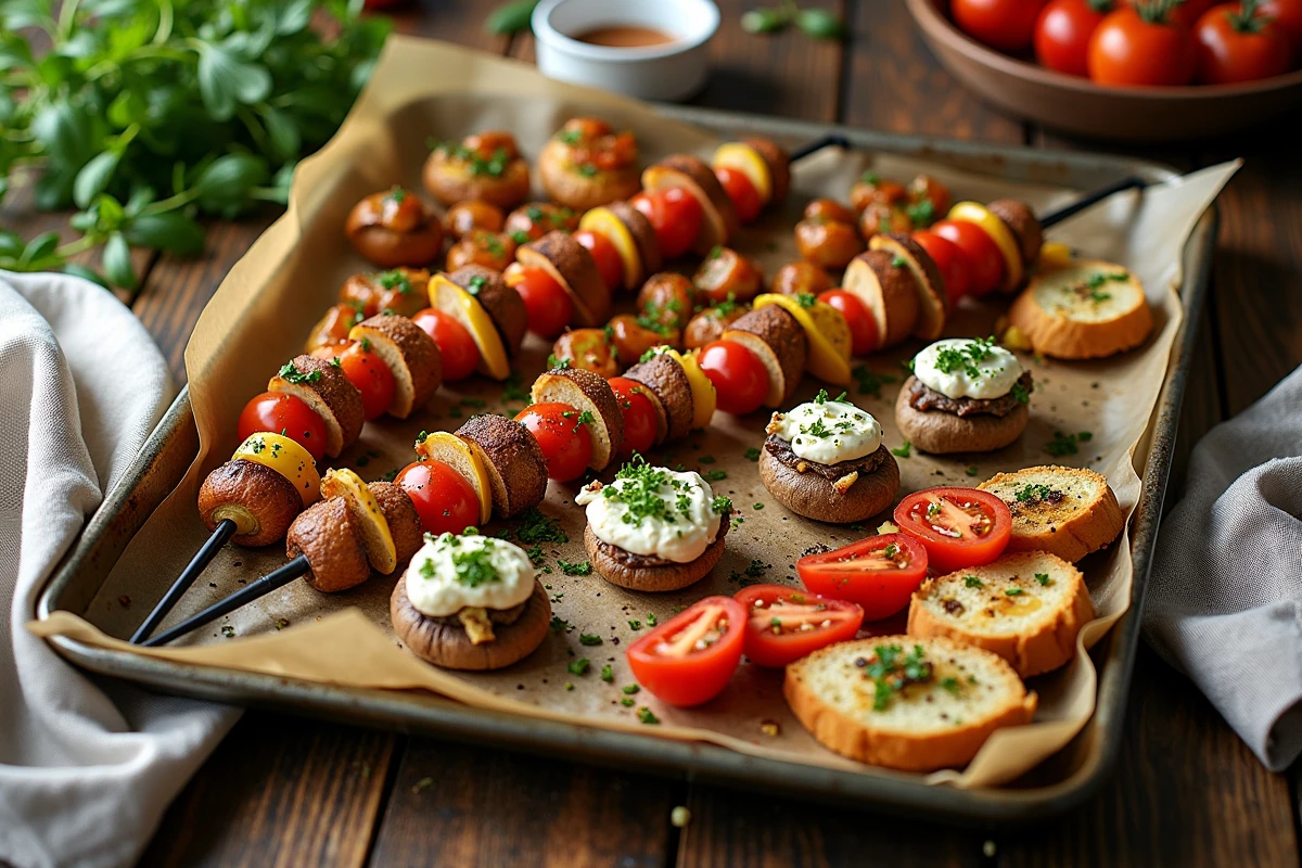 Plaque de four garnie de bouchées variées pour un apéro dinatoire maison : champignons farcis, légumes rôtis et mini-brochettes