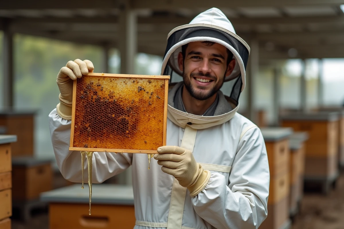 Jeune apiculteur tenant une cadre de miel dans une ruche