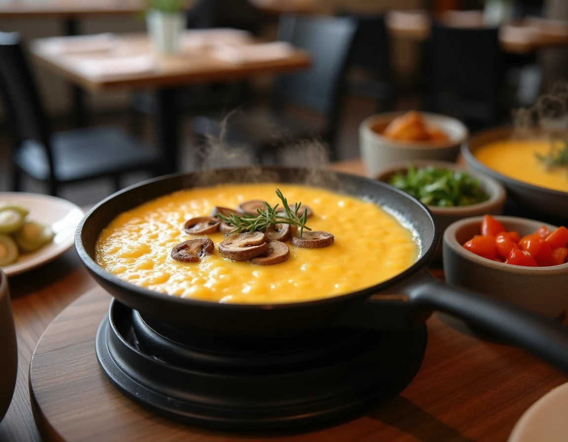 Gros plan sur un appareil à raclette avec poêlons de fromage fondu aux légumes dans un restaurant toulousain