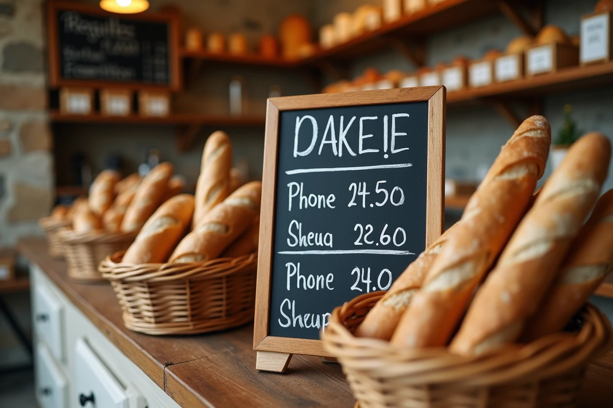 Ardoise de prix en boulangerie artisanale avec baguettes tradition dans un panier en osier, affichage des tarifs