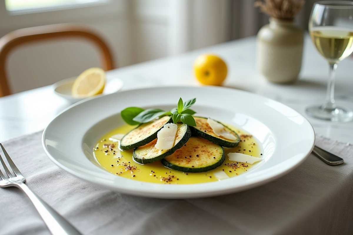 Assiette de courgettes sautées dorées avec basilic frais, parmesan et huile d'olive sur une table en marbre