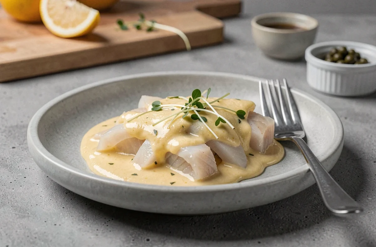 Assiette de julienne en sauce crémeuse citronnée avec garniture de citron et fines herbes fraîches, photographiée en gros plan sur plan de travail en béton