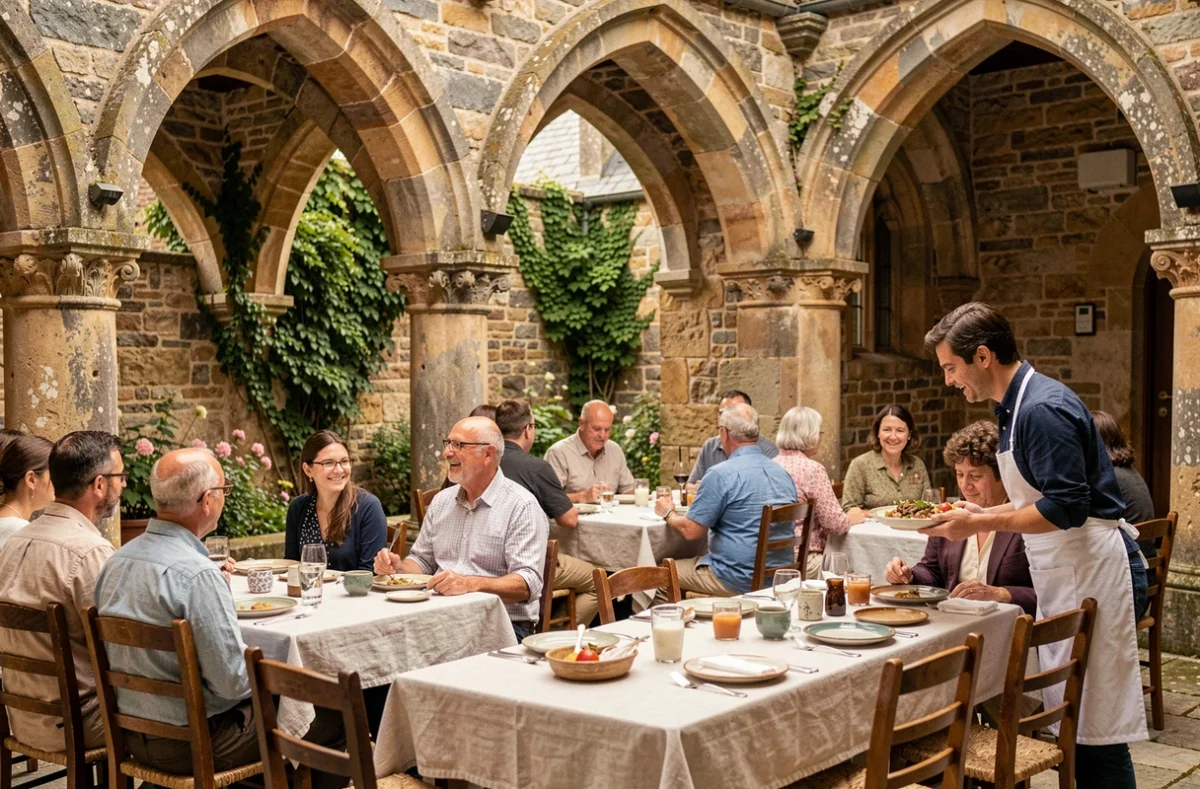 Terrasse de l'Auberge de l'Abbaye au Bec-Hellouin avec tables en bois sous des arches en pierre et un serveur présentant un plat normand