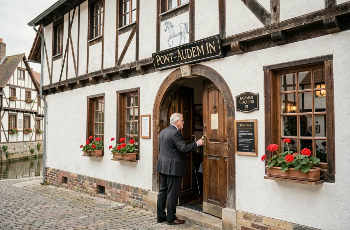 Façade de l'Auberge Cheval Blanc à Pont-Audemer avec son enseigne au cheval, colombages et maître d'hôtel accueillant des clients à l'entrée