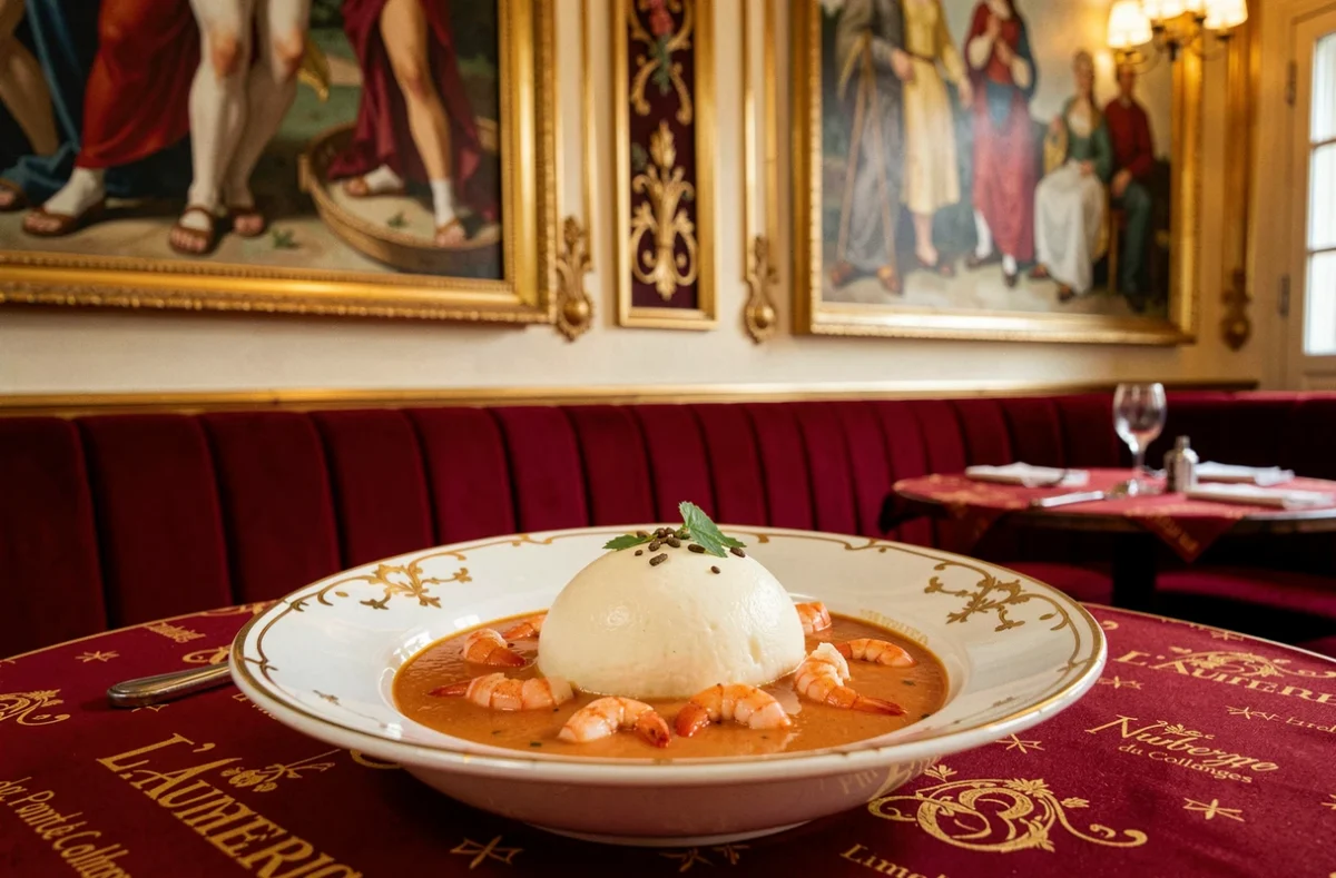 Quenelle de brochet sauce Nantua emblématique de l'Auberge du Pont de Collonges de Paul Bocuse à Lyon, dans la vaisselle Limoges dorée avec décor mural peint