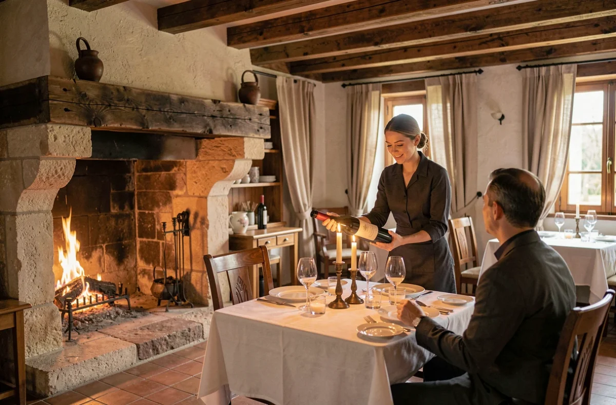 Salle de restaurant de l'Auberge de la Rouge à Louviers avec poutres apparentes, cheminée en pierre et sommelière présentant un vin à des clients