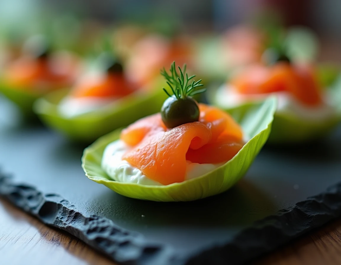 Gros plan sur une barquette d'endive au saumon fumé avec fromage frais et câpres posée sur une ardoise noire
