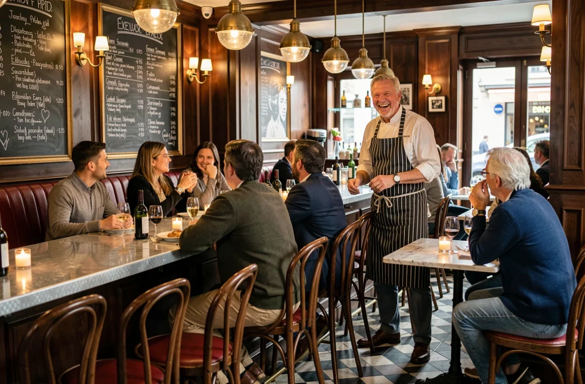 Intérieur animé du Bistrot d'à Côté à Évreux avec bar en zinc, chaises bistrot et chef en tablier rayé en conversation avec des convives