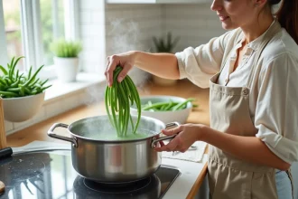 Femme en tablier de lin blanchissant des haricots verts frais dans une grande casserole en acier inoxydable sur une cuisinière moderne