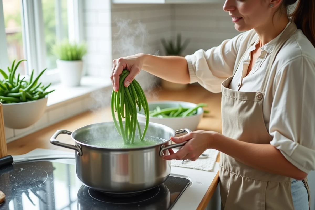 Femme en tablier de lin blanchissant des haricots verts frais dans une grande casserole en acier inoxydable sur une cuisinière moderne