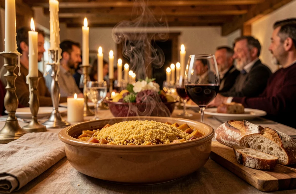 Bol de cassoulet toulousain avec croûte dorée servi lors d'un dîner d'hiver convivial avec vin rouge et baguette