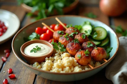 Bol égyptien healthy avec kofta grillé, riz de chou-fleur et salade fraîche sur table en bois rustique
