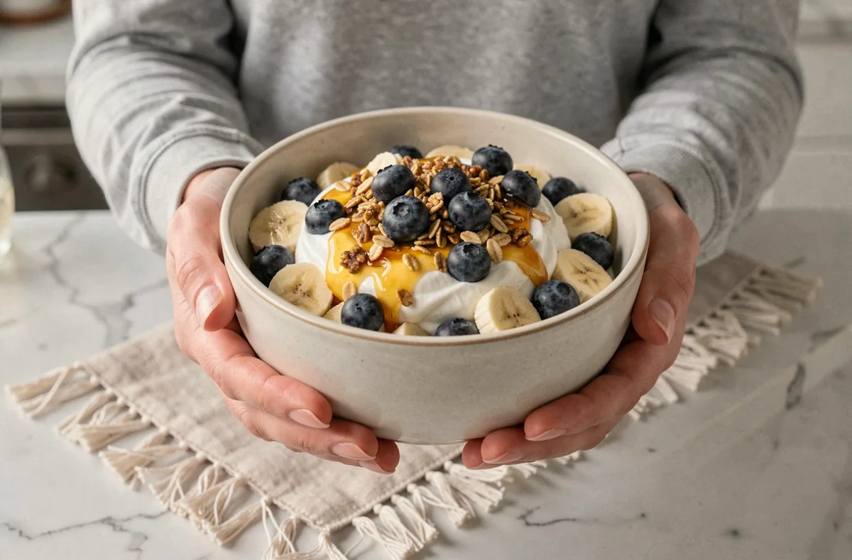 Gros plan sur un bol de granola maison avec yaourt, myrtilles et miel tenu dans les mains pour un brunch express du dimanche