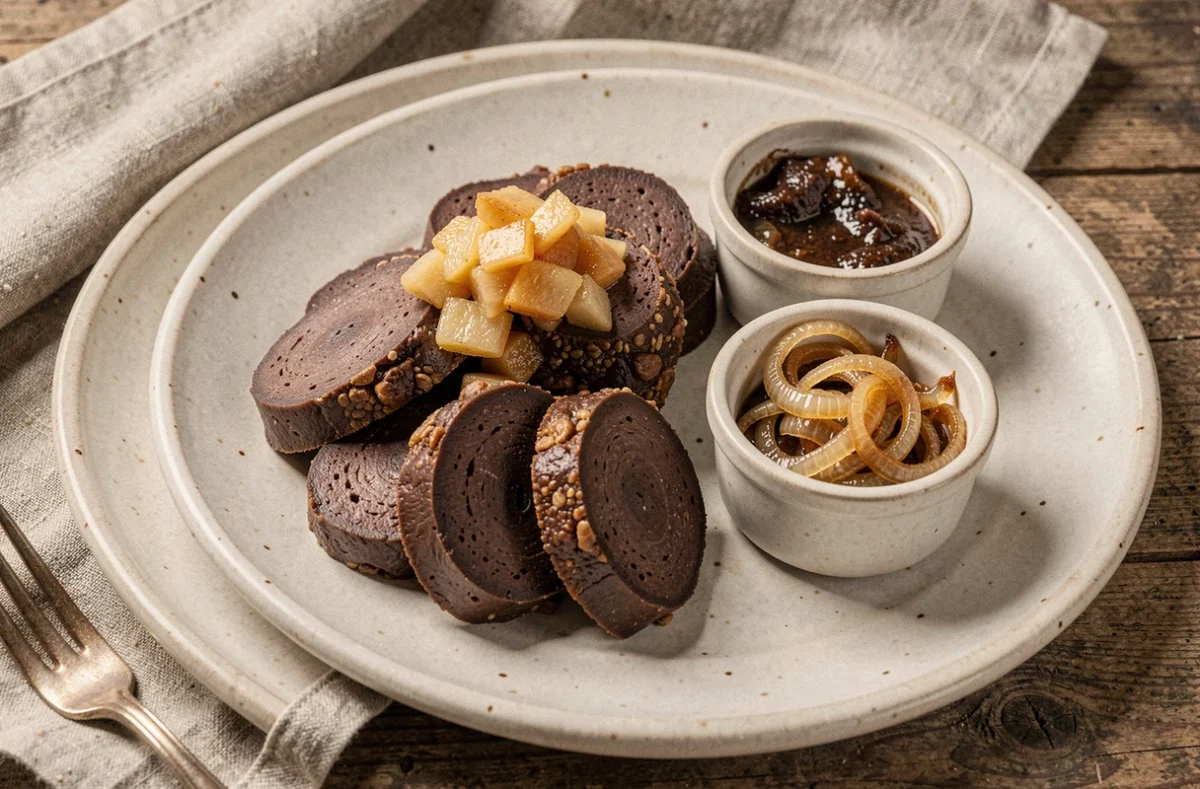 Assiette rustique de boudin noir tranché avec accompagnement de pommes caramélisées croquantes et oignons fondants sur table en bois