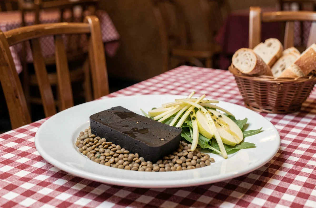 Plat traditionnel de bistro français avec boudin noir, lentilles du Puy fondantes et salade de pommes vertes croquantes