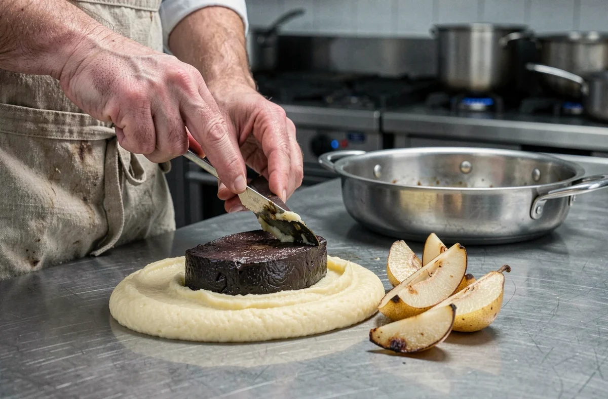 Chef dressant une assiette de boudin noir poêlé avec purée fondante et poires dorées dans une cuisine professionnelle