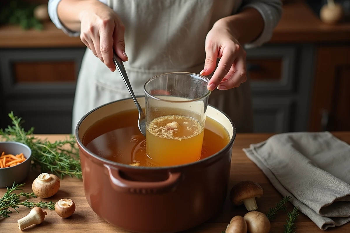 Bouillon maison de cèpes versé dans un pichet en verre depuis une cocotte en céramique avec champignons frais