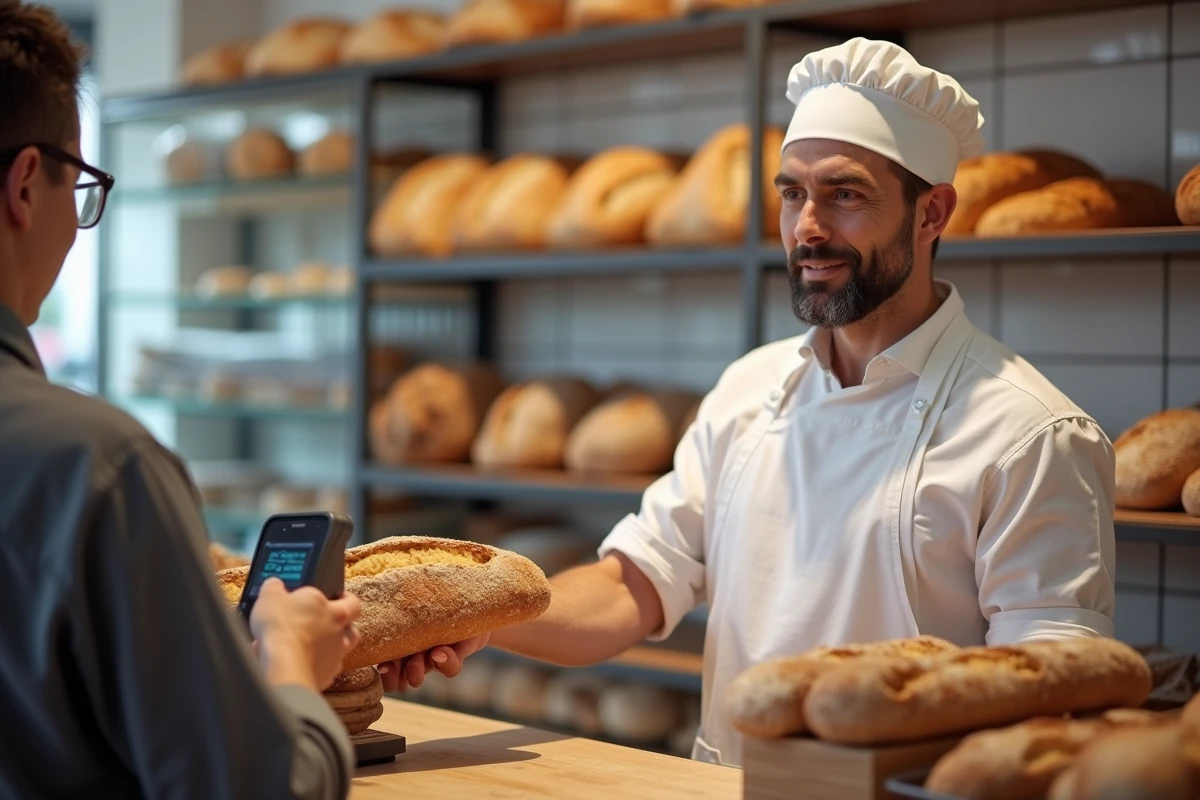 Boulanger remettant une baguette à un client en indiquant le prix sur l'écran de la caisse enregistreuse