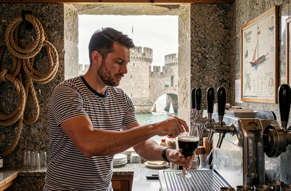 Barman en marinière servant une bière pression sombre de la Brasserie Bosco à Saint-Malo avec les remparts de la ville visibles en arrière-plan
