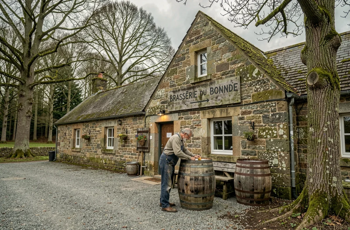 Extérieur de la Brasserie du Bout du Monde à Rosnoën avec son bâtiment en pierre entouré de forêt et un brasseur inspectant un tonneau