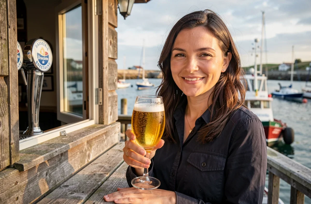 Femme tenant un verre de bière dorée de la Brasserie de Bretagne sur une terrasse avec vue sur le port de Concarneau