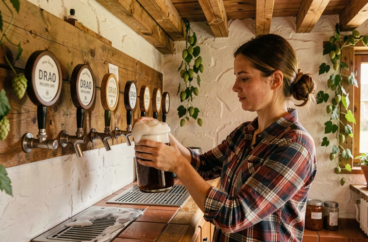 Femme remplissant un growler à la tireuse de la Brasserie Drao dans la salle de dégustation rustique de Melesse avec poutres en bois et carrelage