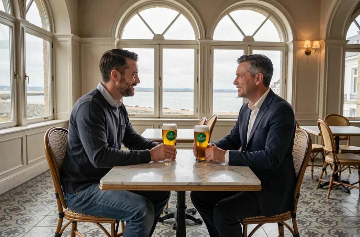 Couple dégustant des bières de la Brasserie d'Émeraude dans la salle de dégustation au style Belle Époque avec vue sur l'estuaire de la Rance à Dinard