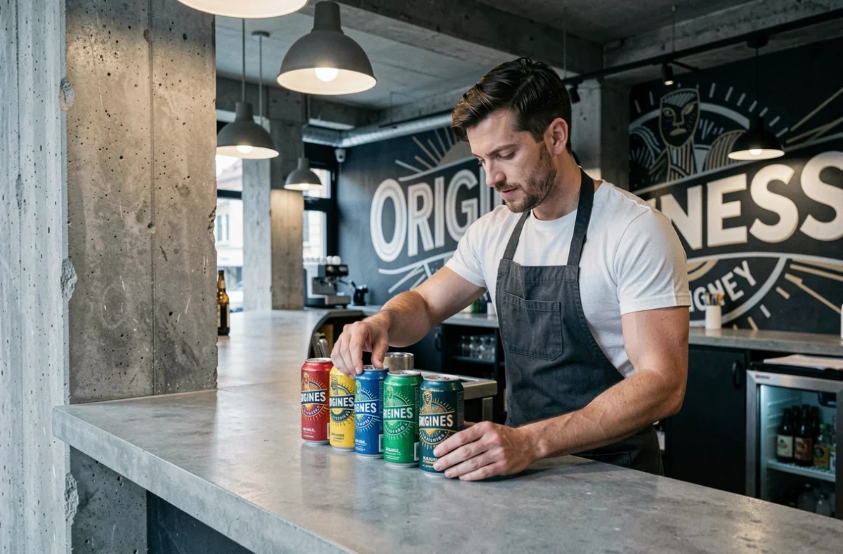 Barman arrangeant une gamme de canettes de la brasserie Origines sur un comptoir en béton poli dans un bar urbain moderne à Rennes