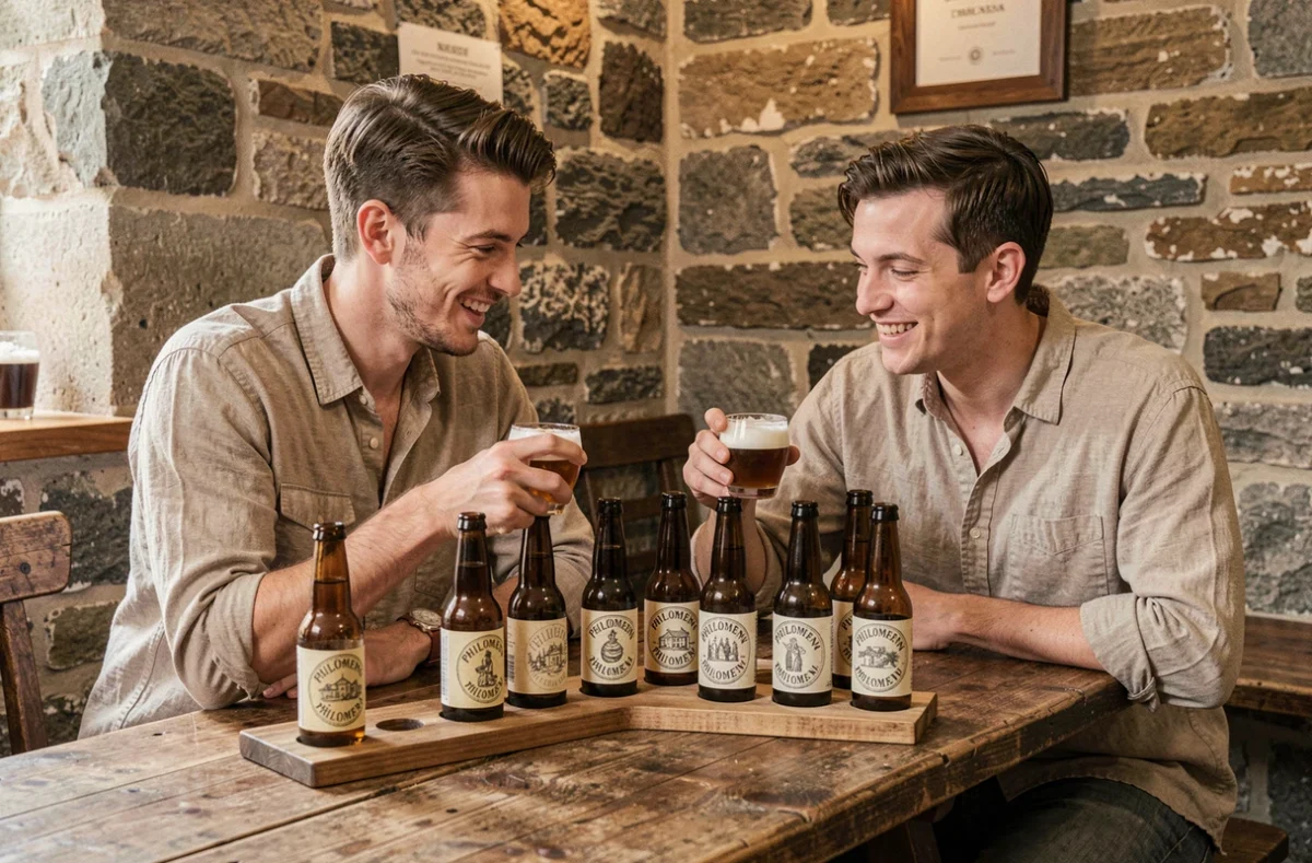 Deux amis dégustant des bières artisanales Philomenn sur une planche de dégustation en bois dans le cadre en pierre de la brasserie à Tréguier