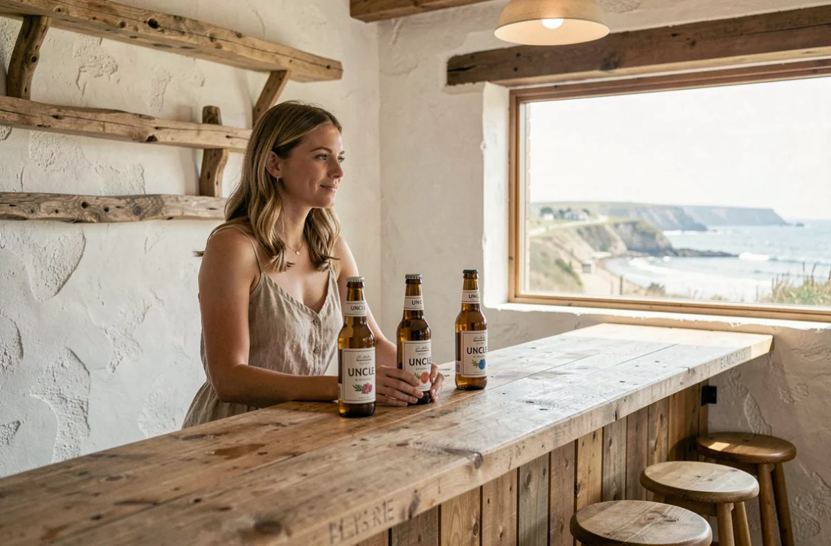 Femme attablée devant des bouteilles de la Brasserie Uncle dans la salle de dégustation au bord de la mer à Étables-sur-Mer