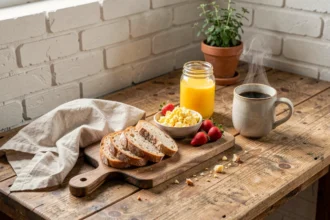 Table de brunch maison rustique vue de dessus avec pain au levain, œufs brouillés, fraises fraîches et café dans une cuisine cosy