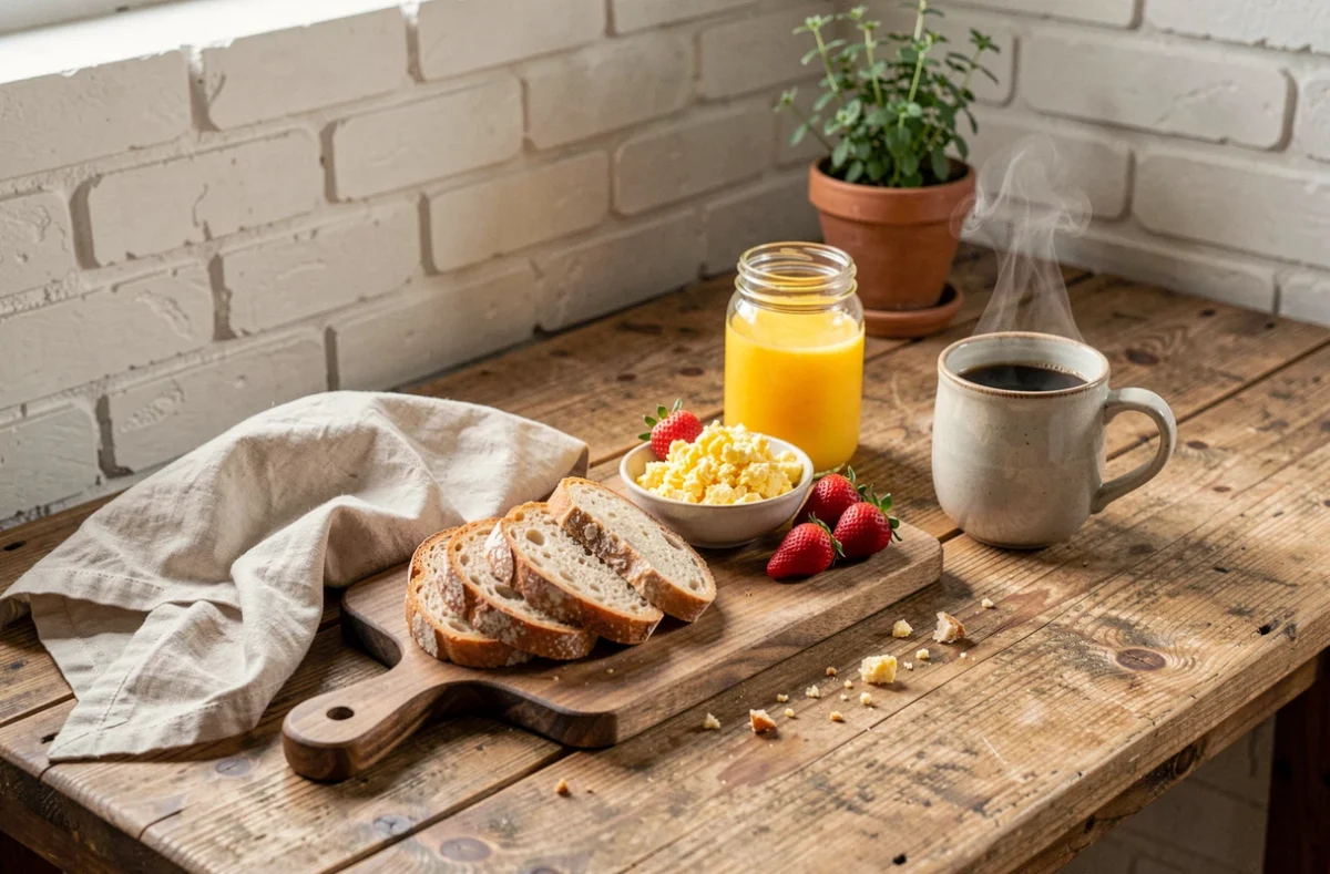 Table de brunch maison rustique vue de dessus avec pain au levain, œufs brouillés, fraises fraîches et café dans une cuisine cosy