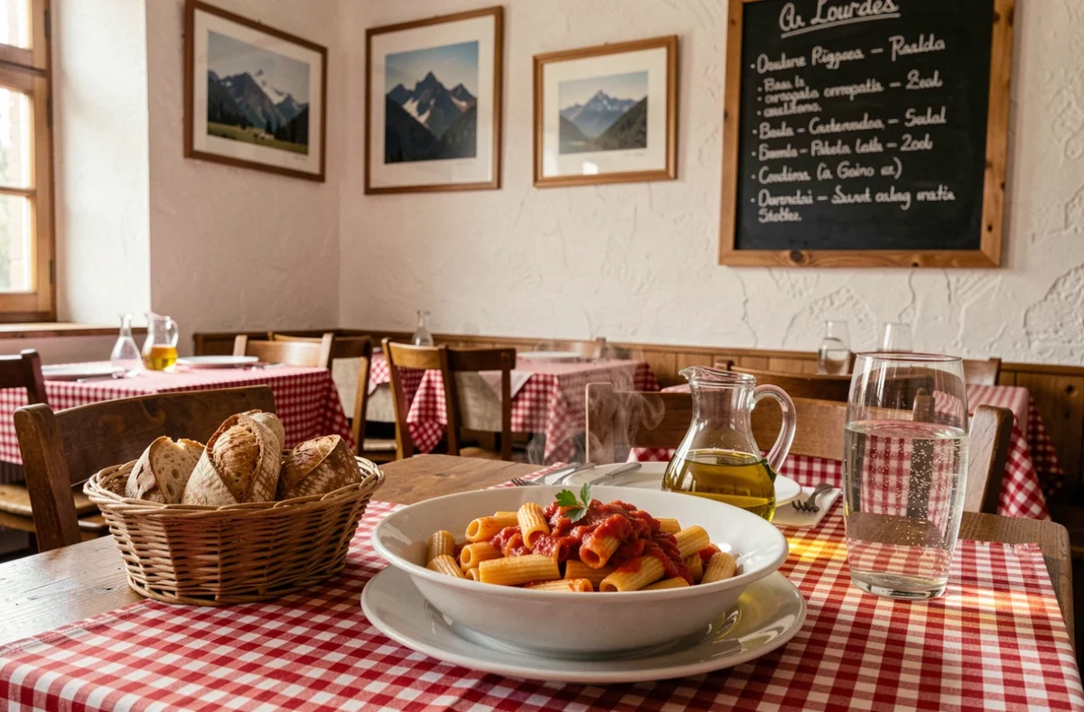 Table de la Cantine Lo Vetere près de Lourdes avec bol de rigatoni al pomodoro fumant et corbeille de pain rustique