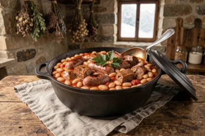 Cocotte en fonte de cassoulet toulousain avec saucisses de Toulouse et haricots blancs sur table en bois rustique