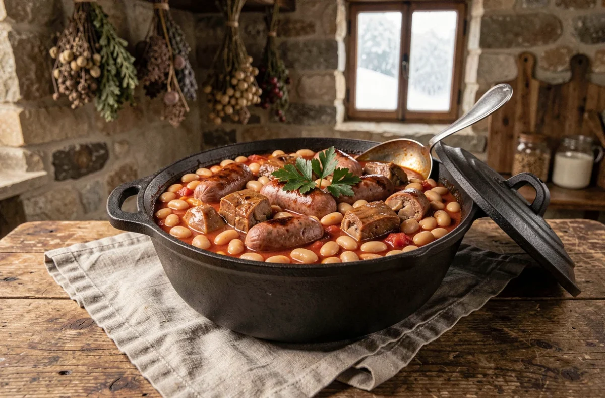 Cocotte en fonte de cassoulet toulousain avec saucisses de Toulouse et haricots blancs sur table en bois rustique