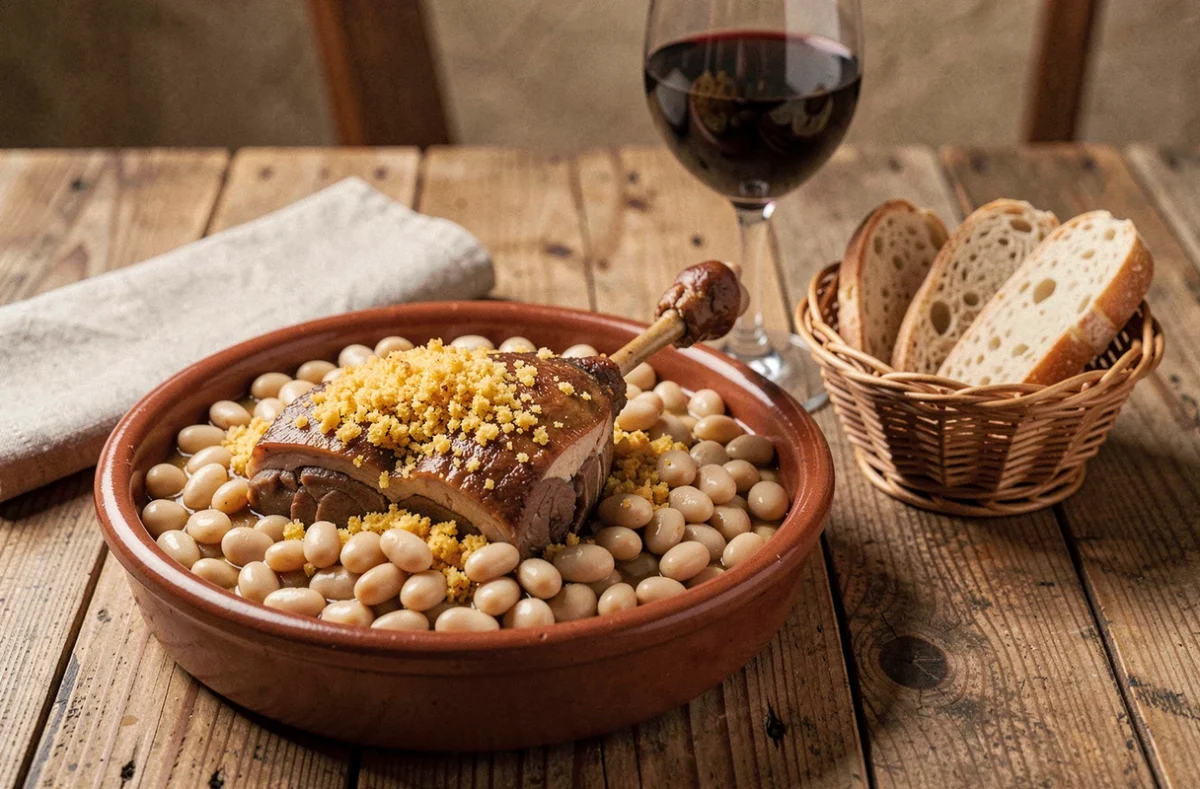 Assiette de cassoulet traditionnel servi dans un restaurant du centre-ville de Carcassonne