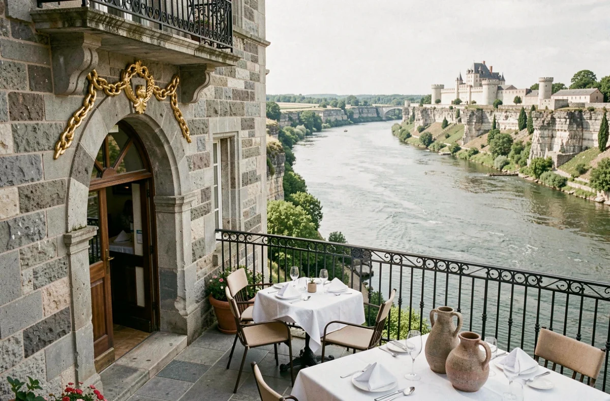 La Chaîne d'Or aux Andelys avec terrasse surplombant la Seine et les ruines du Château Gaillard visibles sur la falaise en arrière-plan