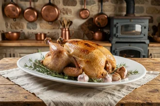 Chapon rôti doré sur un plat en céramique blanche dans une cuisine rustique française, garni de thym et d'ail rôti