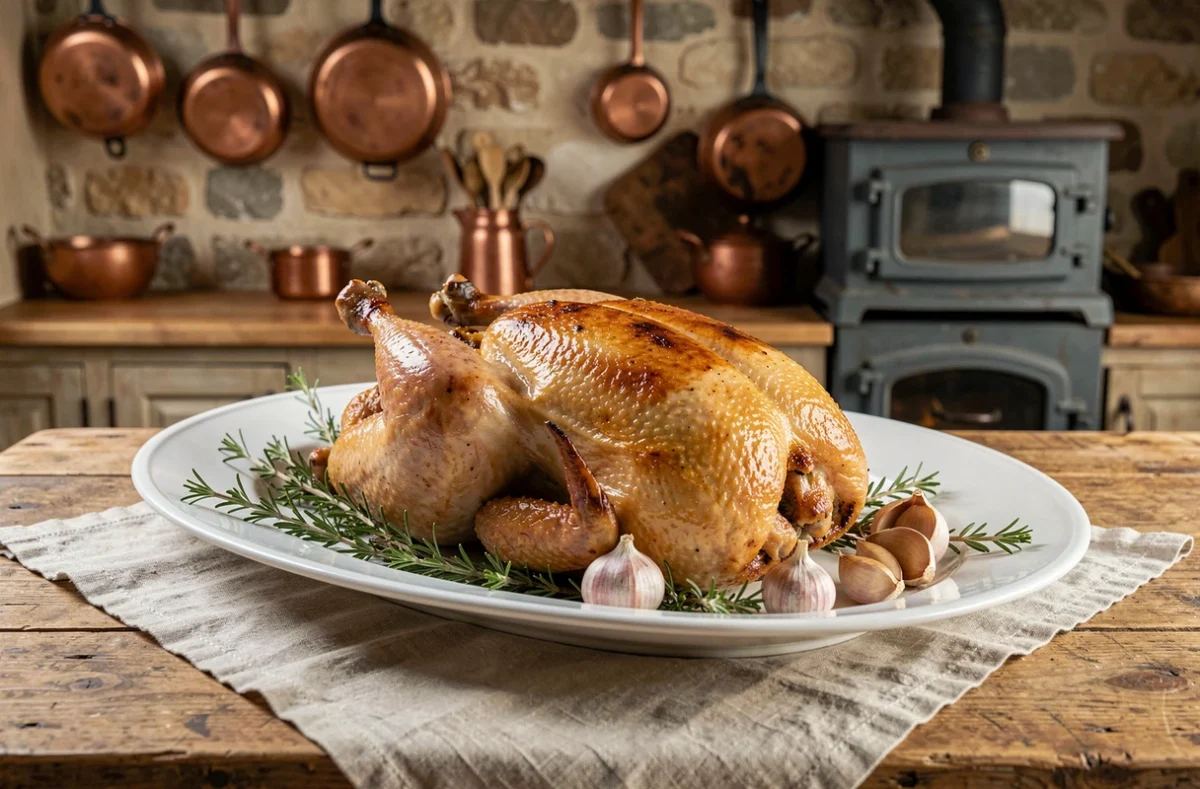 Chapon rôti doré sur un plat en céramique blanche dans une cuisine rustique française, garni de thym et d'ail rôti
