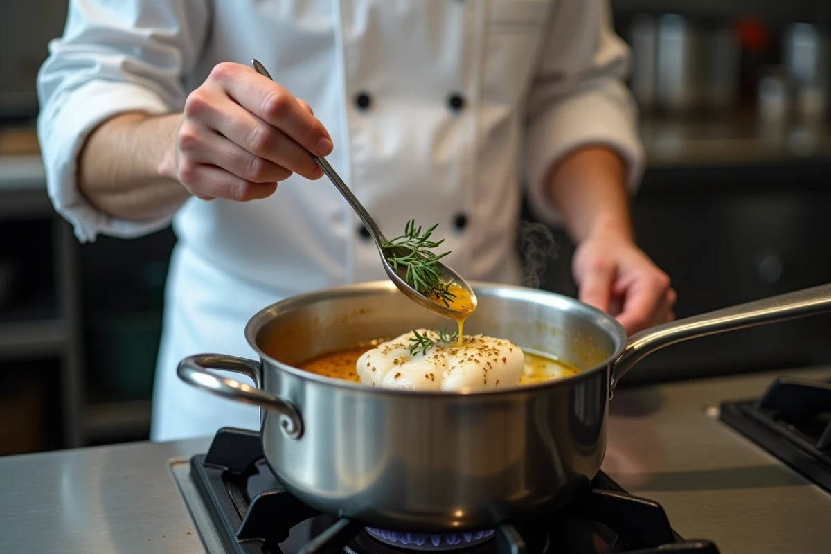 Chef arrosant une queue de lotte en cocotte avec un jus réduit dans une cuisine professionnelle, mains et tablier blanc visibles