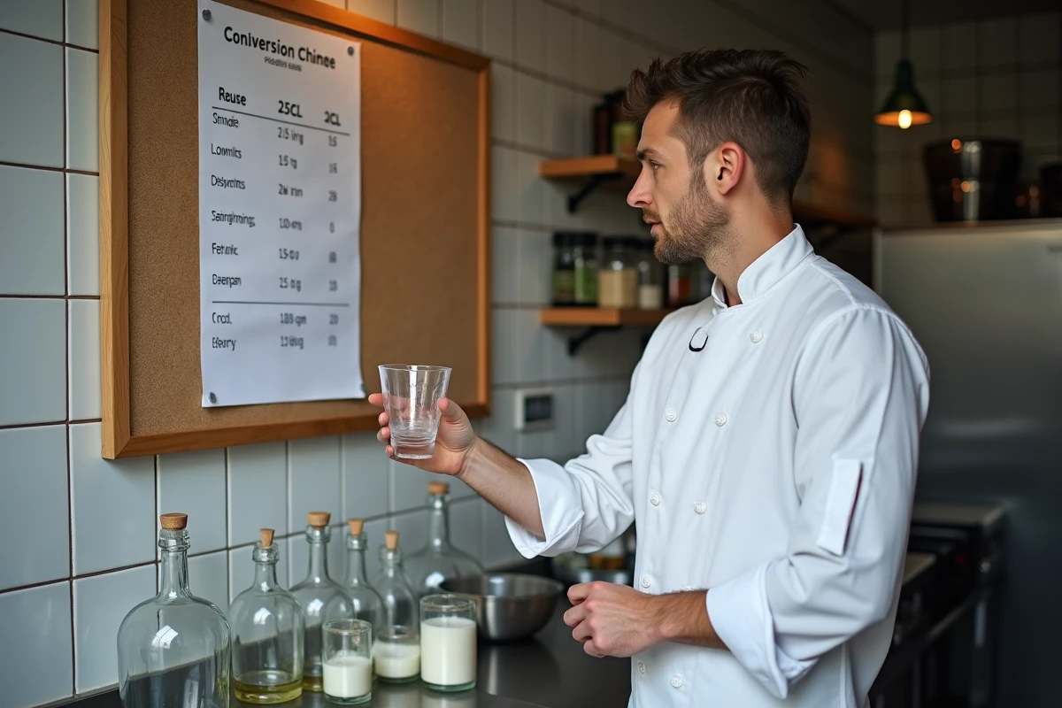 Chef cuisinier consultant un tableau de conversion des volumes dans une cuisine professionnelle avec des récipients gradués