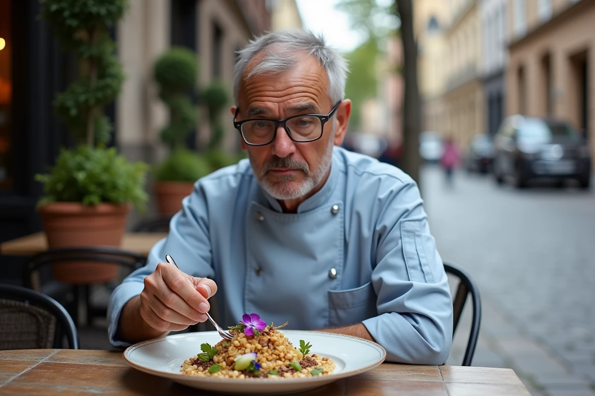 Chef dégustant un plat avec fleurs comestibles en extérieur