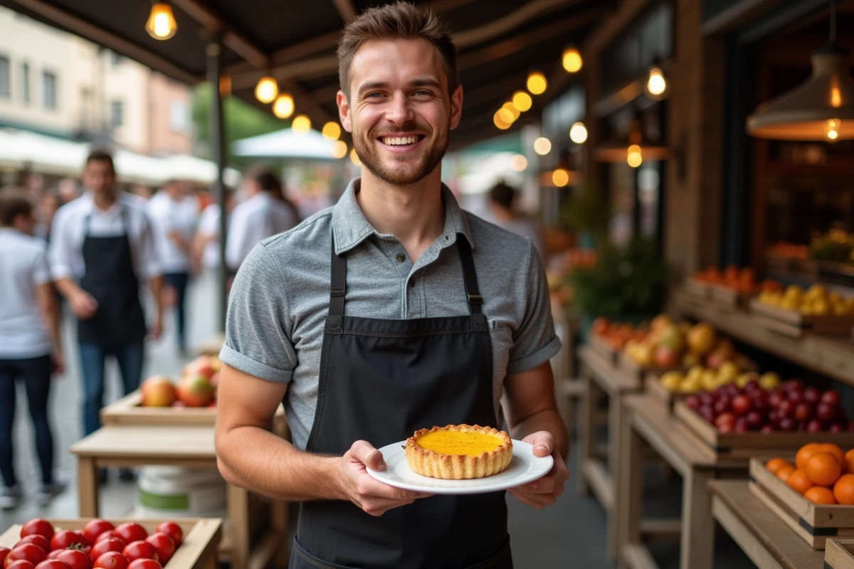Jeune chef présentant une tarte dans un marché extérieur