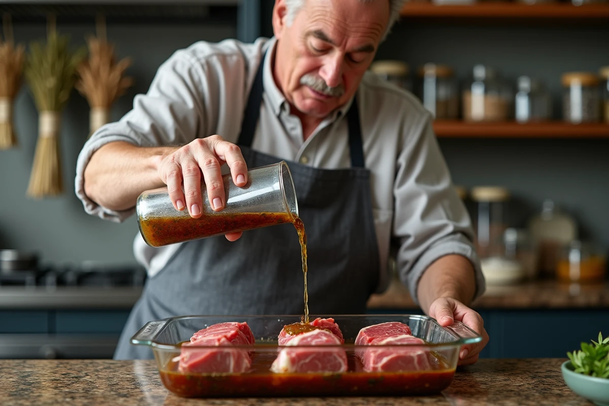 Chef versant une marinade aux herbes sur des morceaux de chevreuil dans un plat en verre sur un comptoir en granit
