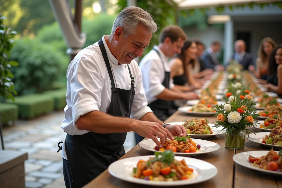 Chef en extérieur dressant un plat pour un mariage en plein air