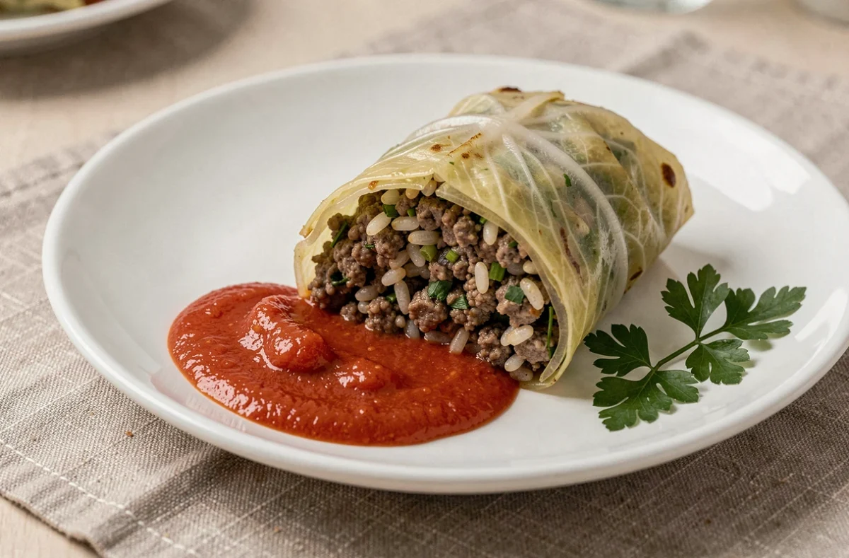 Chou farci coupé en deux sur assiette blanche révélant la farce à la viande et au riz