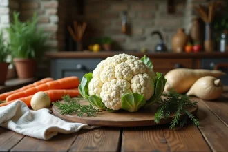 Chou-fleur entier et légumes d'hiver sur une table en bois rustique dans une cuisine de ferme
