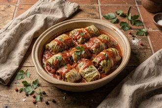 Choux farcis dans un plat en céramique rustique avec sauce tomate maison, vue de dessus