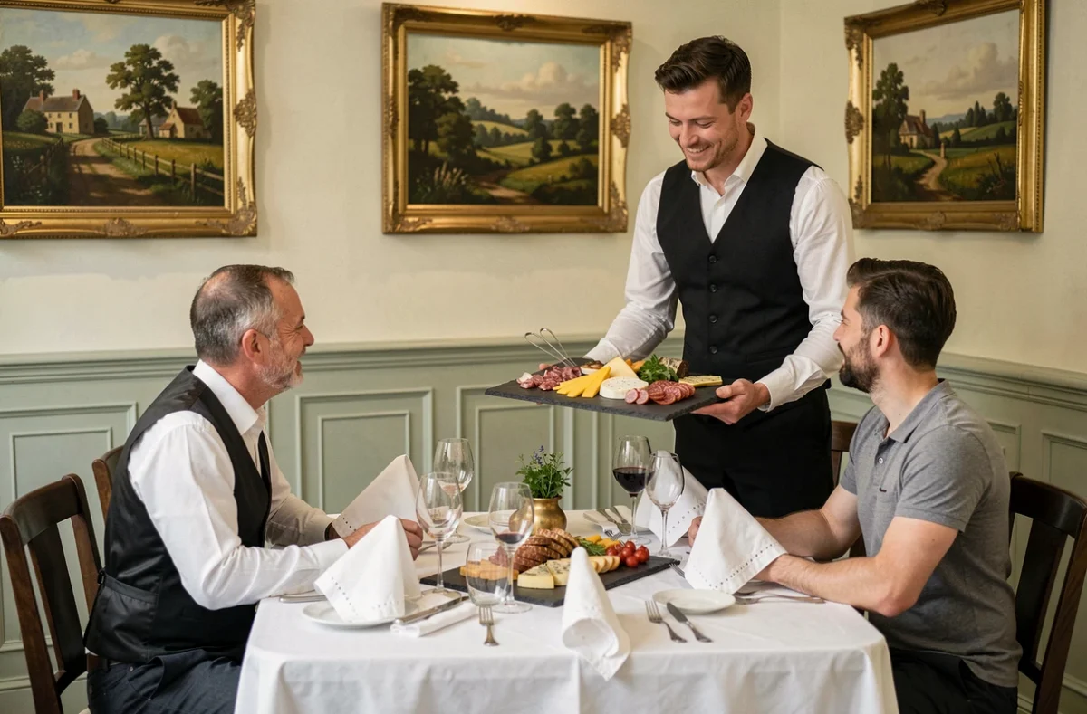 Salle à manger du Clos Normand à Bernay avec boiseries peintes, tableaux de paysages normands et serveur présentant un plateau de charcuterie