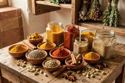 Collection d'épices variées dans des bols en céramique et bocaux en verre sur une table en bois rustique dans une cuisine méditerranéenne